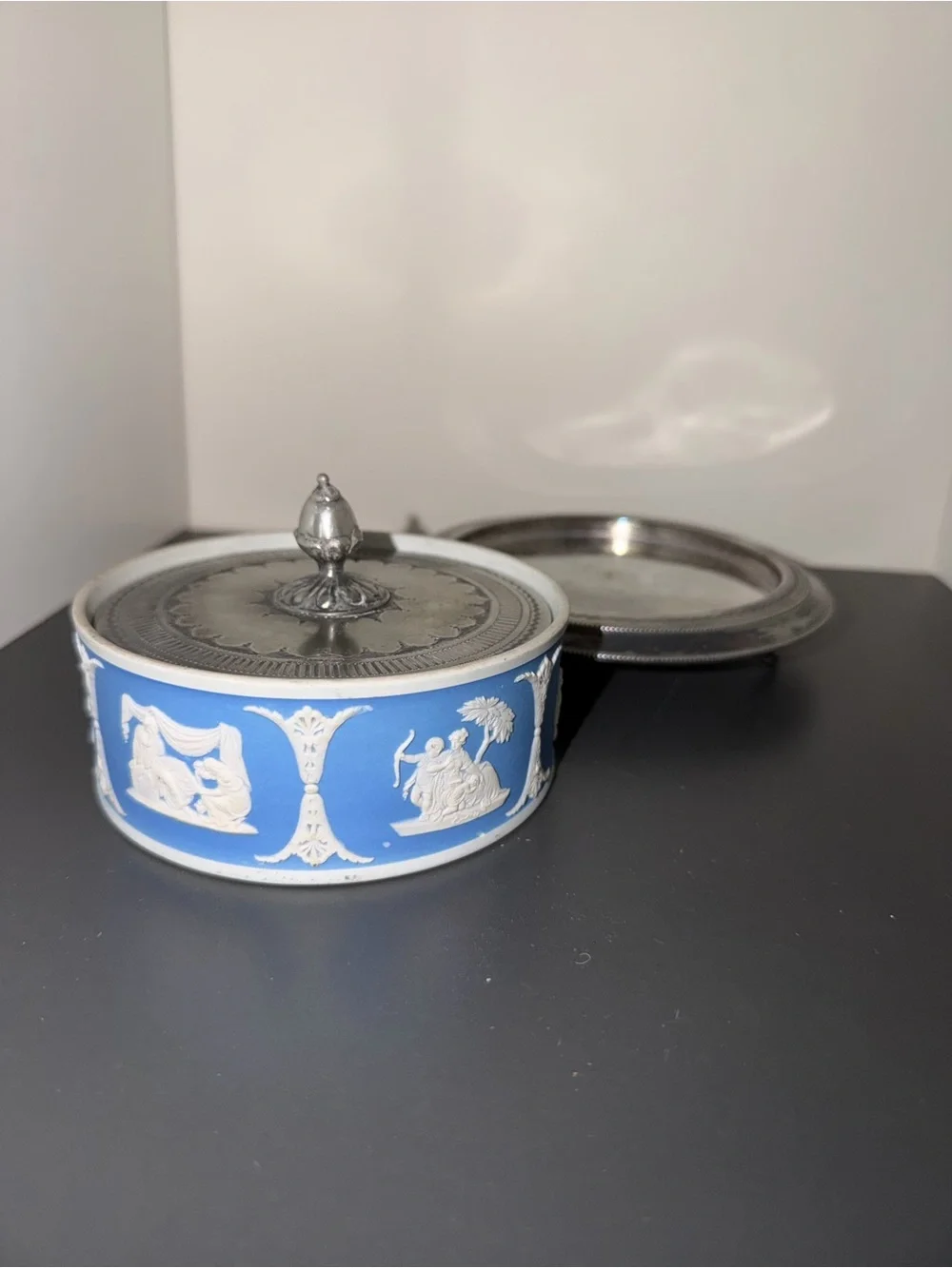 Antique Wedgwood Light Blue Jasperware Lidded Butter Dish w/ Silverplate Stand